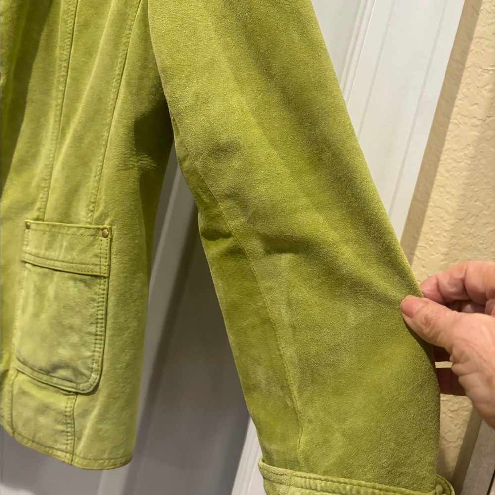 DAVID BROOKS LG AVOCADO GREEN SUEDE SHORT JACKET GOLD SNAPS ROLL UP CUFFS LINED - Picture 5 of 15